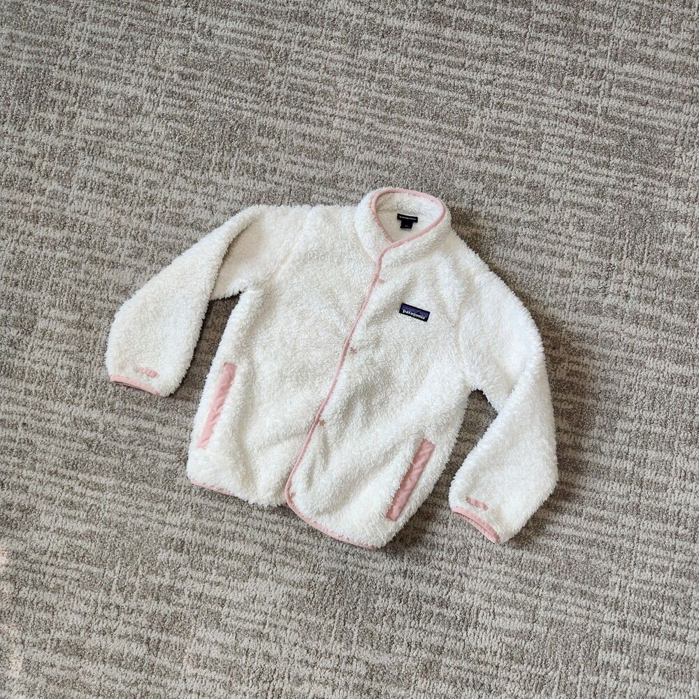 Patagonia girl's white sherpa fleece jacket mallow pink size 5